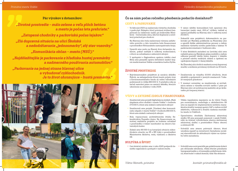 This image is a continuation of the public flyer from the city of Vráble, featuring direct quotes from survey respondents on the left and a summary of achievements over the past year on the right. Residents expressed concerns about poor road conditions, lack of greenery, summer heat, flooded sidewalks, heavy traffic, and parking issues. The right-hand side outlines completed improvements in roads, parking, the environment, external funding, and cultural infrastructure—such as sidewalk repairs, parking expansions, tree planting, and successful project financing. Photos show community engagement through door-to-door surveying.