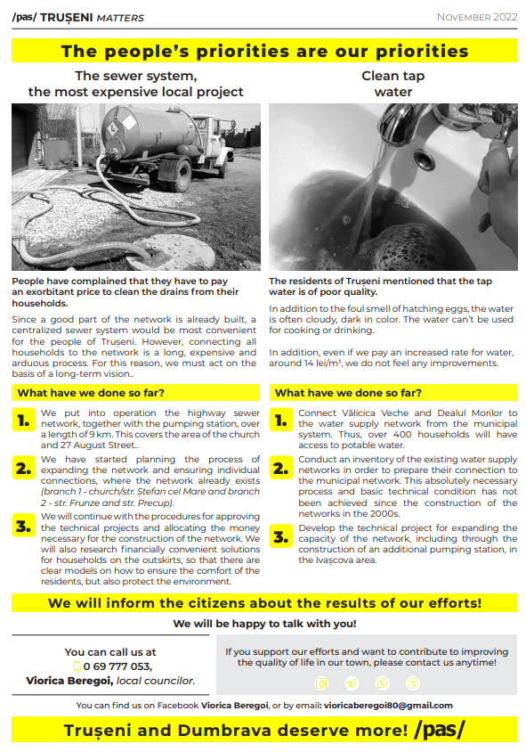 This flyer highlights infrastructure priorities in Trușeni and Dumbrava, Moldova, focusing on the sewer system and clean tap water—two key concerns raised by residents. The left section explains the need for a long-term plan to expand the existing sewer network, citing high costs and limited coverage. The right section addresses complaints about poor-quality tap water, including bad odor and discoloration. Progress updates are provided: the sewer system has seen highway and pump station upgrades, planning for expansion, and model household connections; meanwhile, over 400 homes have been connected to the water system, with further technical assessments underway. The flyer emphasizes transparency and ongoing communication with citizens.